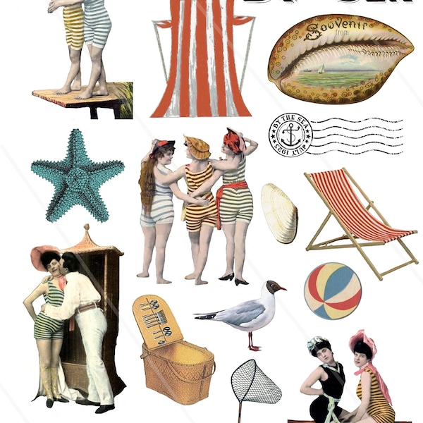 Vintage Bathing beauties cliparts and ephemera Digital Collage Sheet Beach sea summer clip art vintage nautical image allegradigital