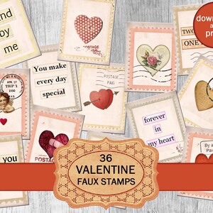 Afdrukbare Valentijnsdagzegels Faux-postzegels, Junk Journal-benodigdheden, kleine digitale Ephemera Valentijnsdagdownloads