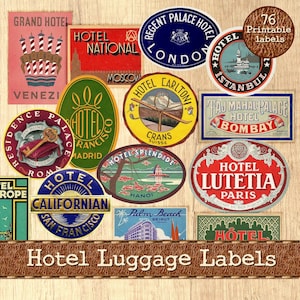 Printable vintage Hotel Luggage Labels Travel stickers, Baggage Tags, Steam Trunk Decal, Label Art & Travel Journal tags