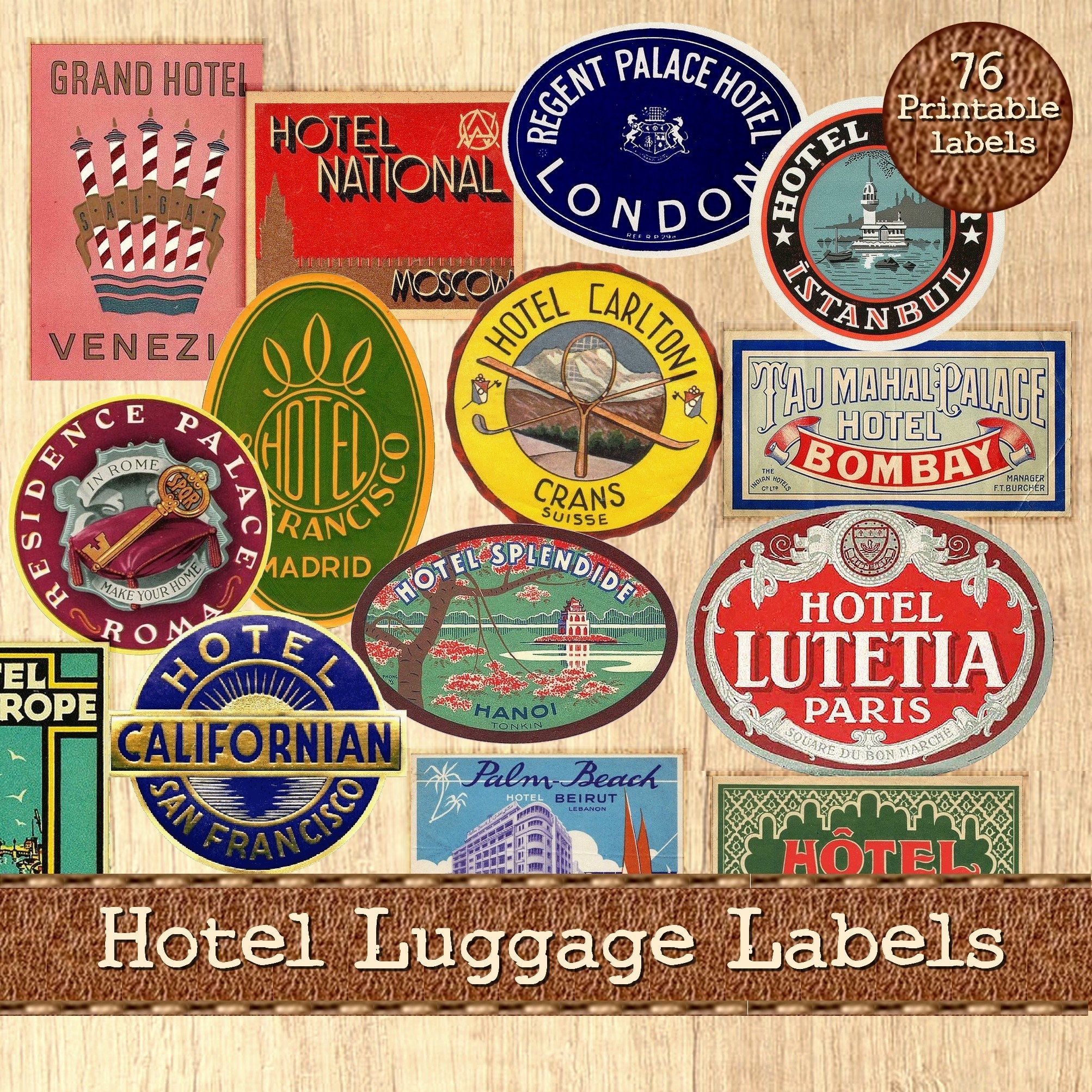 Printable vintage Hotel Luggage Labels Digital Collage Sheet Travel Tags, Baggage Tags, Steam Trunk Decal, Label Art & Travel Journal tags