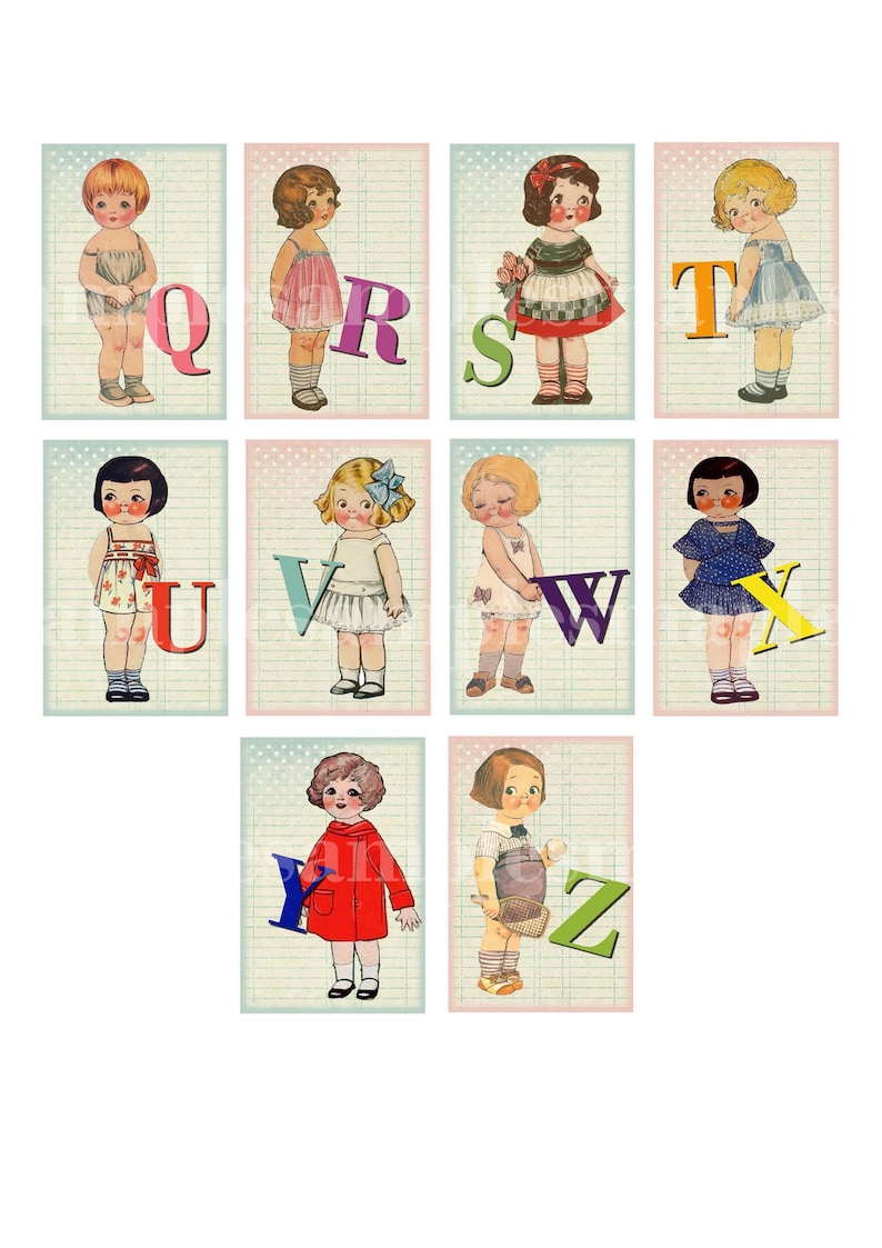 May include: A set of 10 alphabet cards featuring illustrations of girls holding letters. Each card has a different letter of the alphabet, from Q to Z, with a colorful background and a grid pattern.