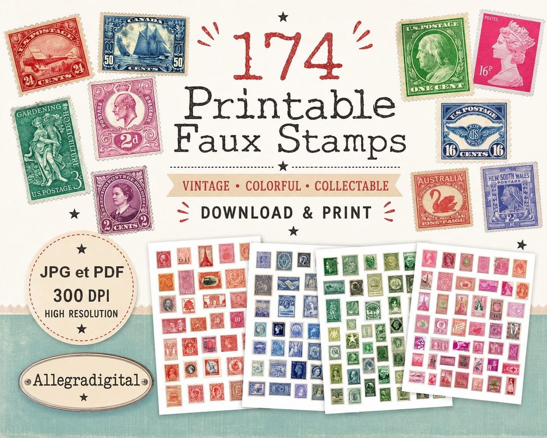 Vintage Postage Stamps, Printable Old Postage Stamps Ephemera ...