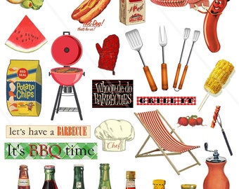 Barbecue clip art Vintage retro Mid century digital collage sheet barbecue cooking picnic outdoor Digital Download Retro Food Clipart