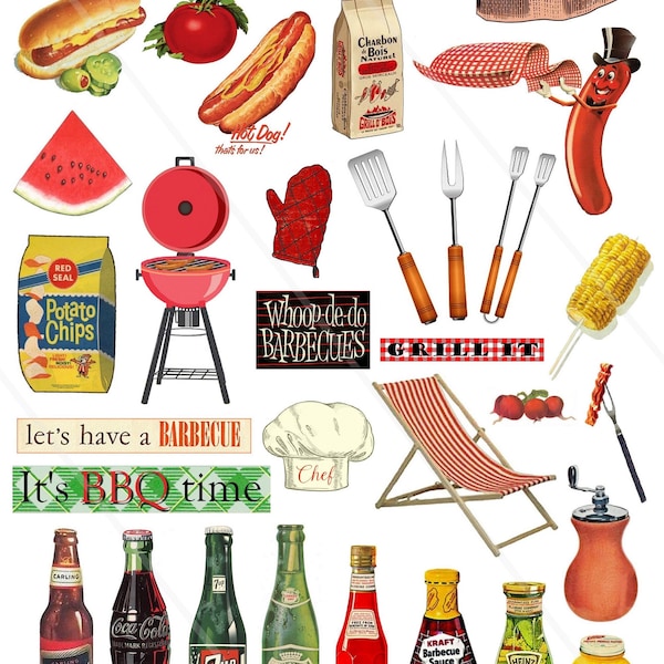 Barbecue clip art Vintage retro Mid century digital collage sheet barbecue cooking picnic outdoor Digital Download Retro Food Clipart