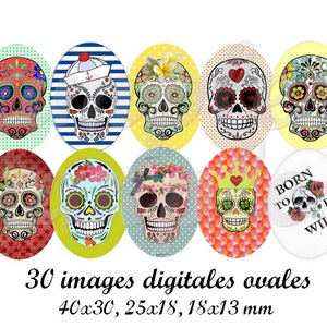 Tête de mort mexicain-Images digitales cabochon ovale, images digitales ovale cabochon Tête de mort 30x40 mm 18x25 mm 13x18 mm mexican skull