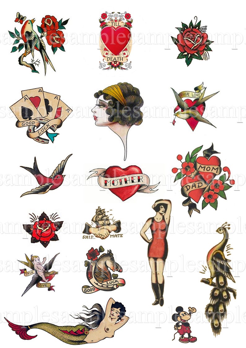 May include: A sheet of vintage-style tattoo flash featuring a variety of designs, including a bird, a rose, a heart, a mermaid, a peacock, a ship, a horseshoe, a playing card, a woman's face, a Mickey Mouse character, and a heart with the words "Till Death" and "Mother".
