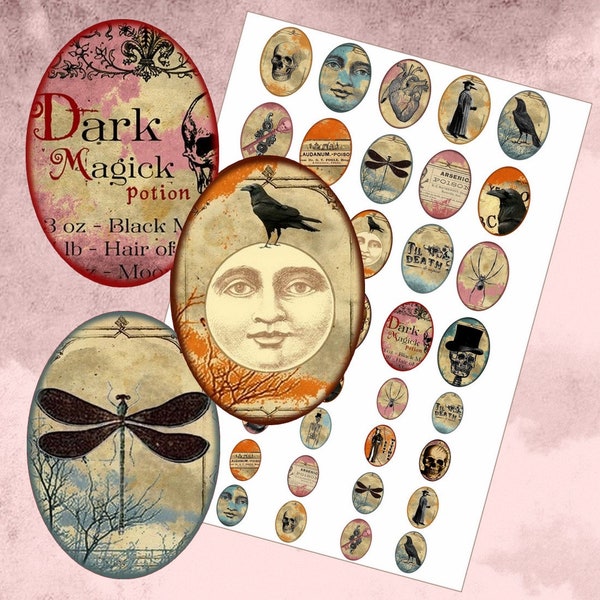 Digital collage sheet Oval Macabre Halloween Gothic Creepy 30x40 mm 18x25 mm Oval Printable images glass Oval pendants images