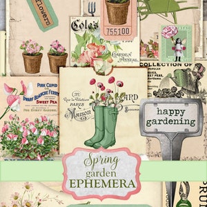 Junk Journal Ephemera Gardening Ephemera Pack Spring flowers ephemera Post Card, Tag, Digital Download, Junk Journal Kit pink spring