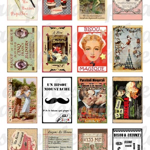 May include: A collage of vintage images with a French theme. The images feature a variety of subjects, including a butterfly, a couple kissing, a frog playing a violin, a woman with a mustache, and a Russian nesting doll. The images are all in a vintage style and have a whimsical feel.