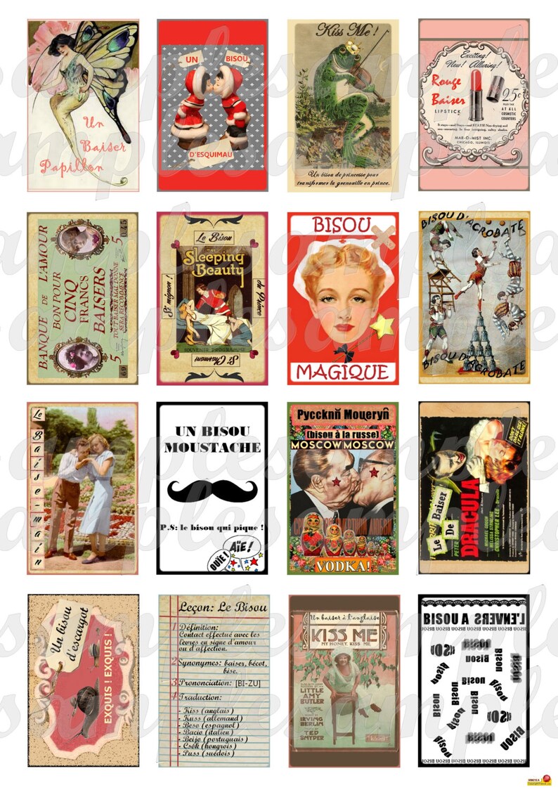 May include: A collage of vintage images with a French theme. The images feature a variety of subjects, including a butterfly, a couple kissing, a frog playing a violin, a woman with a mustache, and a Russian nesting doll. The images are all in a vintage style and have a whimsical feel.