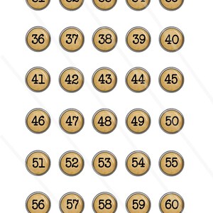 May include: Sixty round, beige buttons with black numbers from 31 to 60. The buttons have a silver metal rim.