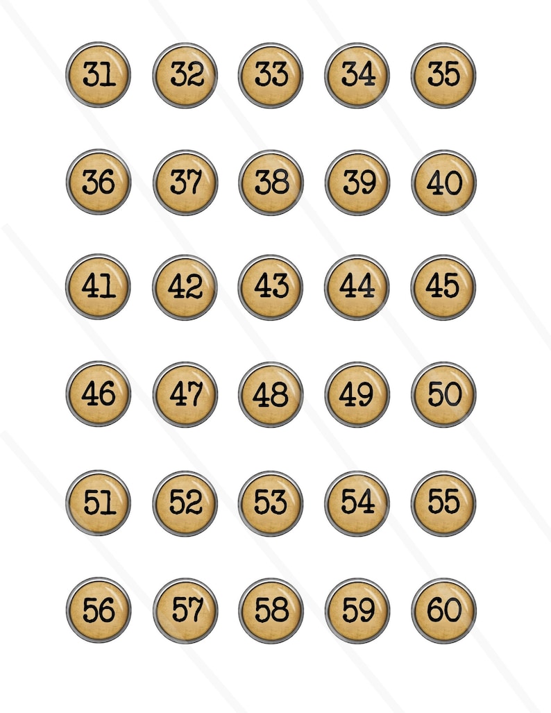 May include: Sixty round, beige buttons with black numbers from 31 to 60. The buttons have a silver metal rim.