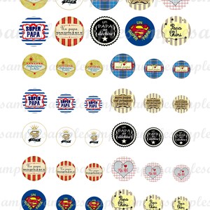 Pode incluir: Um conjunto de 36 toppers redondos para cupcakes com v&aacute;rios designs e frases relacionadas com os pais. Os toppers apresentam uma variedade de cores, incluindo vermelho, azul, amarelo e preto. Algumas das frases incluem "Super Pai", "Um Pai Que Rasga" e "Pai Querido".
