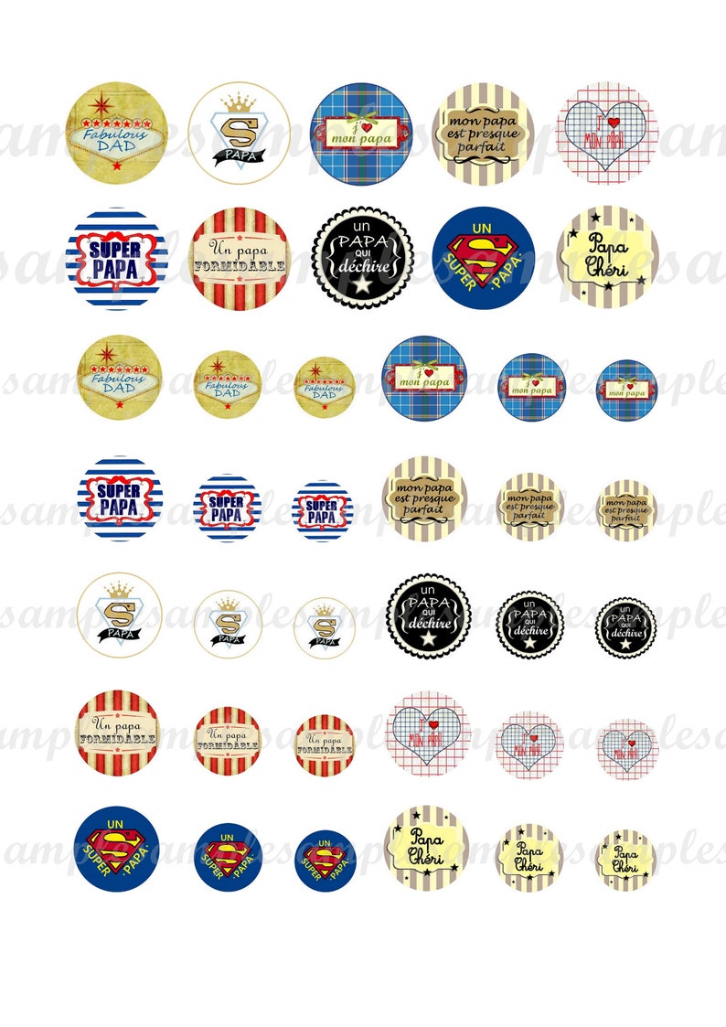 Pode incluir: Um conjunto de 36 toppers redondos para cupcakes com v&aacute;rios designs e frases relacionadas com os pais. Os toppers apresentam uma variedade de cores, incluindo vermelho, azul, amarelo e preto. Algumas das frases incluem "Super Pai", "Um Pai Que Rasga" e "Pai Querido".