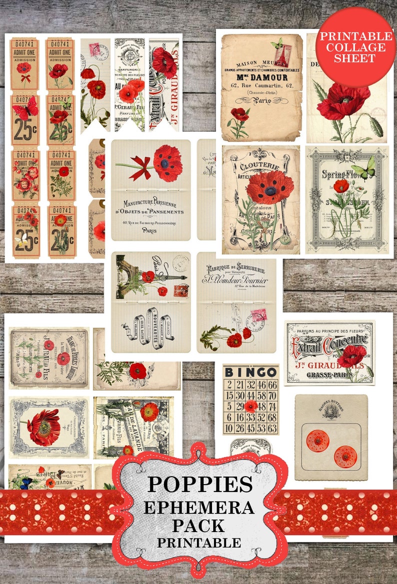 Vintage Poppy Junk Journal Ephemera Kit - Printable Poppy Wildflowers ...