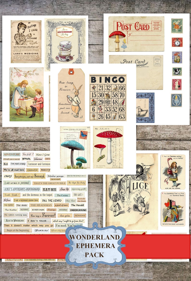 Printable Alice in Wonderland Junk Journal Clip Art Journal Kit Download, Digital Wonderland Scrapbook Collage Sheet Alice Clip Art Ephemera image 2