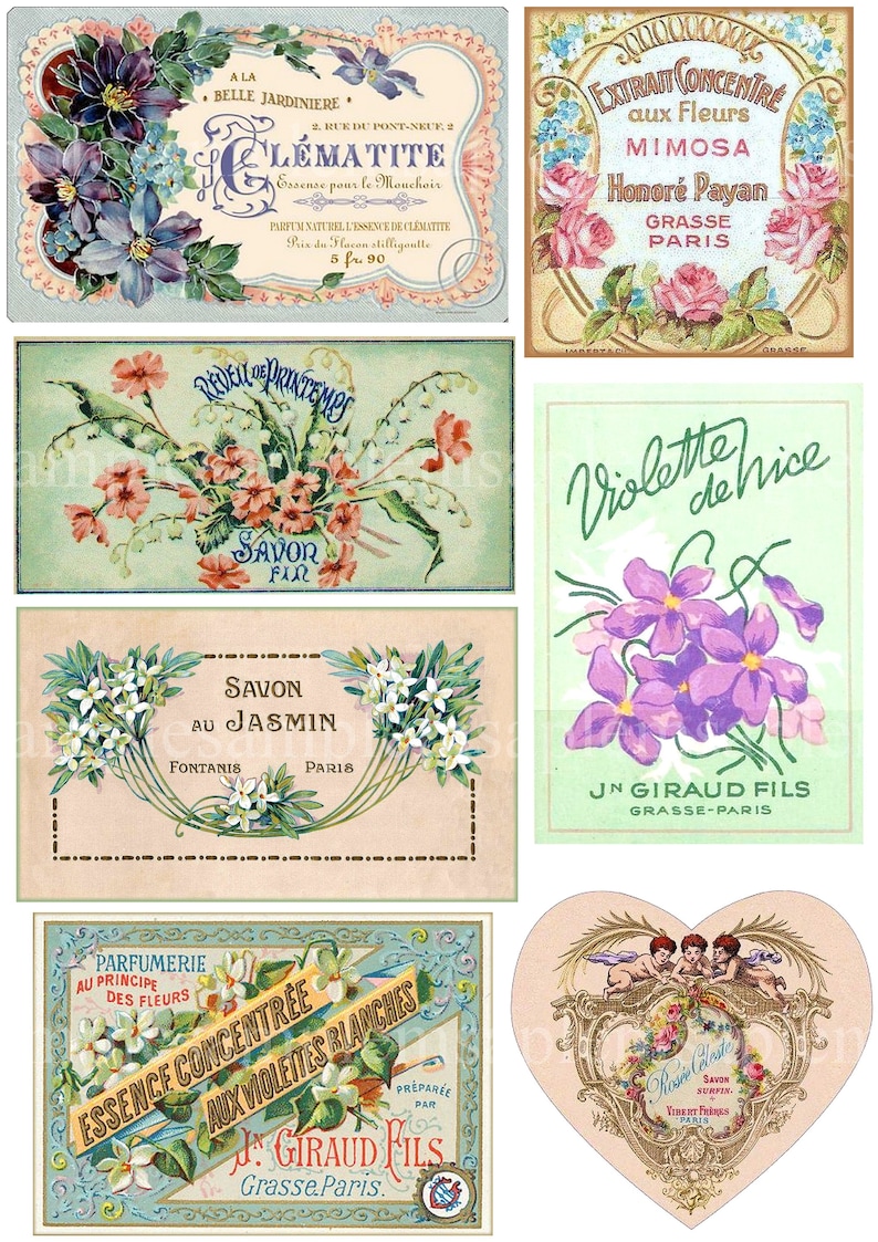 Digital Collage Sheet French Perfume Cologne Labels, 7 Labels, Vintage Floral French Label, Victorian Collage Clip ephemera image 1