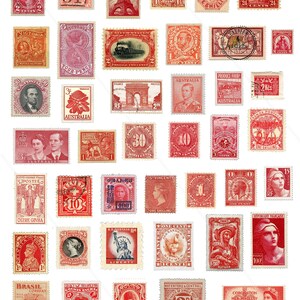 Sellos postales ROJOS vintage, sellos postales antiguos imprimibles Embellecimiento efímero rojo, sellos falsos para Junk Journal, hoja de collage digital