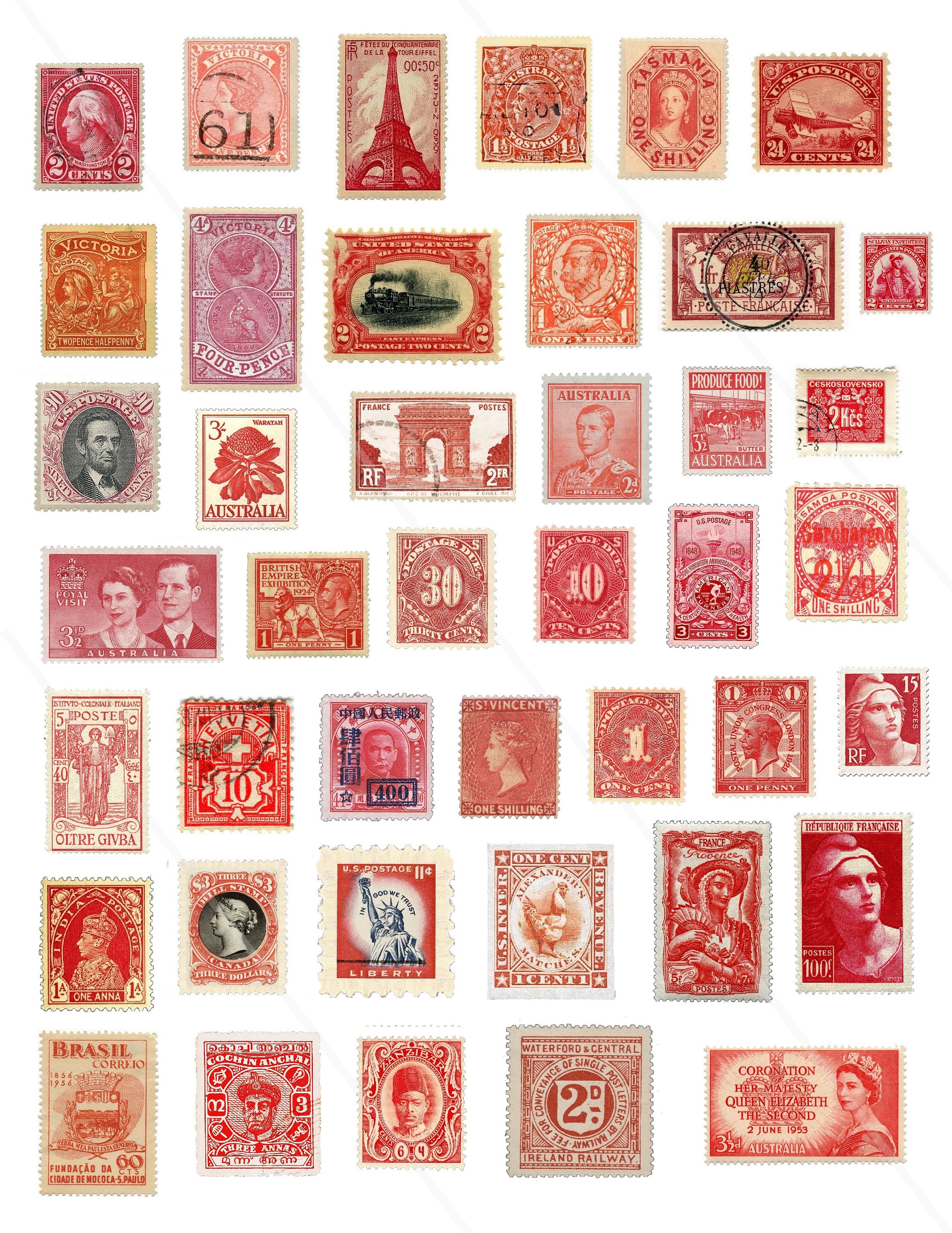 Red Ribbin Stamp Vintage RED Postage Stamps, Printable Old Postage Stamps Red Ephemera ...