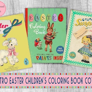 Retro Easter Printable Children's Coloring Book Covers, Spring gift tags, junk journals Easter ephemera collage sheet