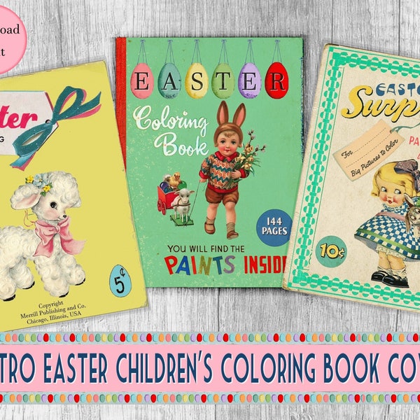 Retro Easter Printable Children's Coloring Book Covers, Spring gift tags, junk journals Easter ephemera collage sheet