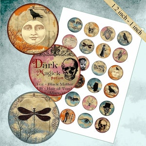 Digital collage sheet circles Macabre 1 inch Circles, 1.2 inch Bottlecap Images, Halloween Images, Images for Cabochons, Vintage Gothic,
