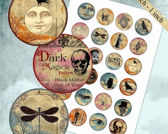 Digital collage sheet circles Macabre 1 inch Circles, 1.2 inch Bottlecap Images, Halloween Images, Images for Cabochons, Vintage Gothic,