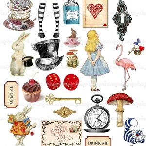 Collage digitale Alice nel Paese delle Meraviglie, immagini digitali, scrapbooking di carte clipart PNG JPEG diario spazzatura spot Cricut