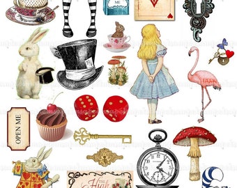 Alice in Wonderland Clipart Alice Clip Art Watercolor Mad Hatter Tea Party Eat Me Drink Me White Rabbit Key Illustration PNG file JPEG file