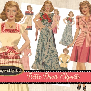 Retro Clipart vintage Bette Davis, images digitales pour la création de carte, scrapbooking, Hollywood junk journal Allegradigital