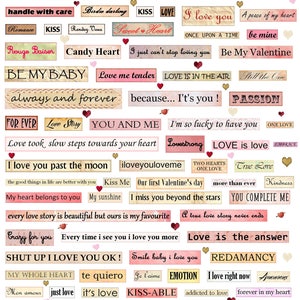 Feuille de collage digital "Citation", rétro, vintage, scrapbooking, art numérique Mots Phrases Saint Valentin Amour