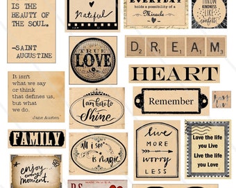 Digital collage sheet Words sentences Phrases quotes inspirational motivation, Words collage sheet, vintage labels Junk Journal