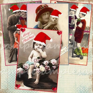 4 cartes à imprimer bonnet de Père Noël, vintage, rétro, rennes, carte postale, carte de voeux