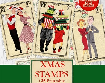 Printable Retro Christmas Faux Stamps Ephemera