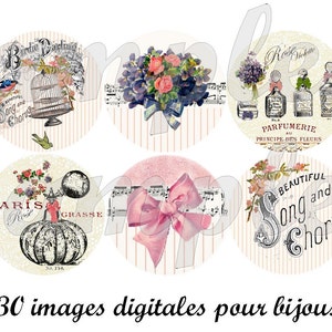 May include: Six round printable images with a vintage aesthetic. The images feature a birdcage, a bouquet of flowers, perfume bottles, a bow, a perfume bottle with a Paris label, and a musical note design with the text "Beautiful Song and Chorus".
