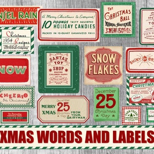 Retro Christmas labels 1 words, Printable Christmas Words, Printable, Christmas Ephemera, christmas tags digital