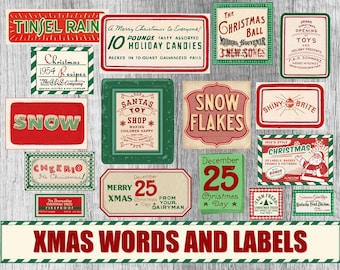 May include: A collection of vintage Christmas labels and tags with red and green colors. The labels feature festive text like "Snowflakes", "Tinsel Rain", "Santa's Toy Shop", "Merry Christmas", and "Christmas Ball".