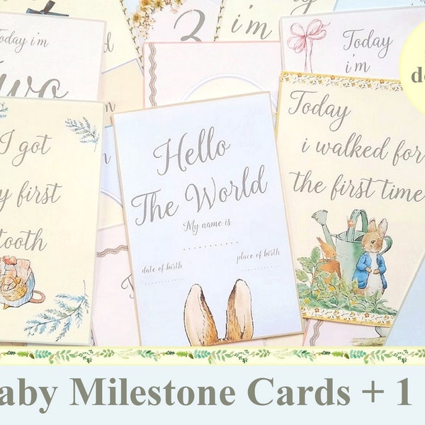 Peter Rabbit Baby Milestone Cards, Printable Baby Steps Cards Milestone Card Set Peter Rabbit and Friends Digital download Baby shower gifts