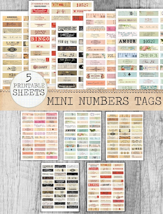 Old Labels & mini Ephemera , Printable Junk Journal Embellishments, Vintage Numbers, Digital Typography Scrap Supplies, Digital Download