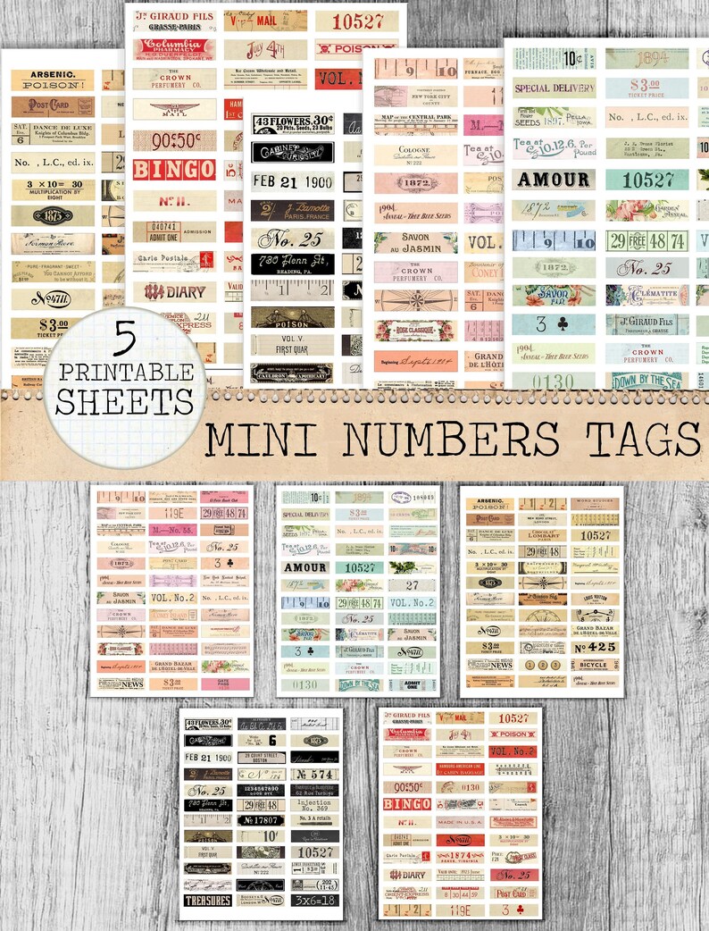 May include: Five printable sheets of vintage-style mini number tags. The tags feature a variety of designs, including floral patterns, geometric shapes, and text. The tags are perfect for adding a touch of vintage charm to your crafts, gifts, and home decor.
