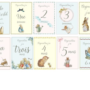 Pode incluir: Um conjunto de dez cart&otilde;es imprim&iacute;veis com ilustra&ccedil;&otilde;es do Peter Rabbit. Os cart&otilde;es s&atilde;o projetados para acompanhar o crescimento de um beb&ecirc; de uma semana a seis meses. Cada cart&atilde;o apresenta uma ilustra&ccedil;&atilde;o diferente do Peter Rabbit e um n&uacute;mero ou frase em franc&ecirc;s correspondente.
