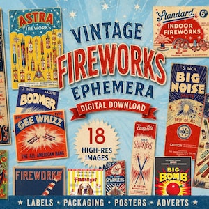 Peut inclure: Une collection d'éphémères de feux d'artifice vintage comprenant 18 images numériques haute résolution d'étiquettes, d'affiches et de publicités. Les designs incluent des graphismes colorés, une typographie rétro et des marques comme Liberty Sparklers.