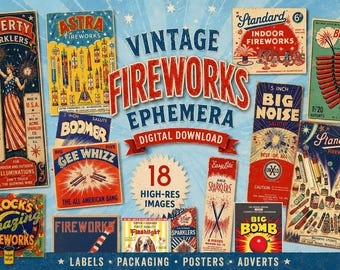 Vintage 4th of July Ephemera Pack, Patriotic Fireworks Labels, Americana Junk Journal, Retro Scrapbook - Digital Download