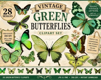 Green Butterfly Clipart, Vintage Butterflies PNG JPG, Botanical Butterfly Clip Art, Junk Journal Scrapbook, Digital Download