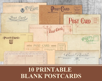 May include: Ten printable blank postcards with vintage designs. The postcards are in various colors, including yellow, green, red, and brown. The text "Post Card" is printed on each card.