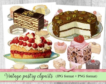 May include: A collection of vintage pastry clipart images in JPG and PNG format. The images feature a variety of pastries, including cakes, tarts, and cookies. The pastries are decorated with various toppings, such as fruit, chocolate, and nuts.