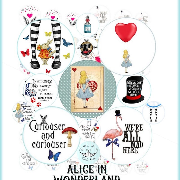 Alice in Wonderland circles Digital collage sheet 2.5 inch circles digital round Alice in Wonderland pocket mirror images cupcake toppers