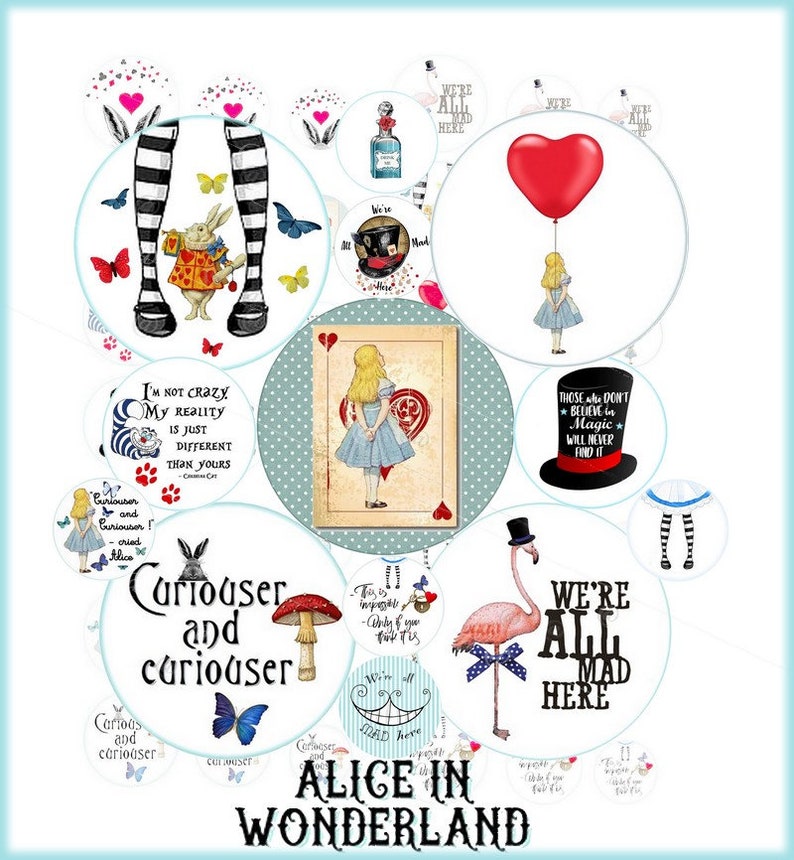 Alice in Wonderland circles Digital collage sheet 2.5 inch circles digital round Alice in Wonderland pocket mirror images cupcake toppers image 1