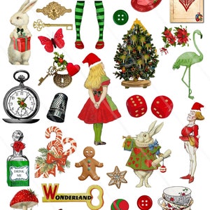 Cyfrowy kolaż Alicja w Krainie Czarów Boże Narodzenie, obrazy cyfrowe, scrapbooking clipartów PNG JPEG-śmieciowy dziennik Cricut