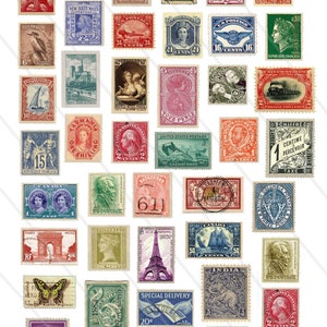 May include: A collection of vintage postage stamps featuring various designs, including portraits, landmarks like the Eiffel Tower, and historical scenes. The stamps showcase a range of colors and denominations, reflecting different countries and eras.